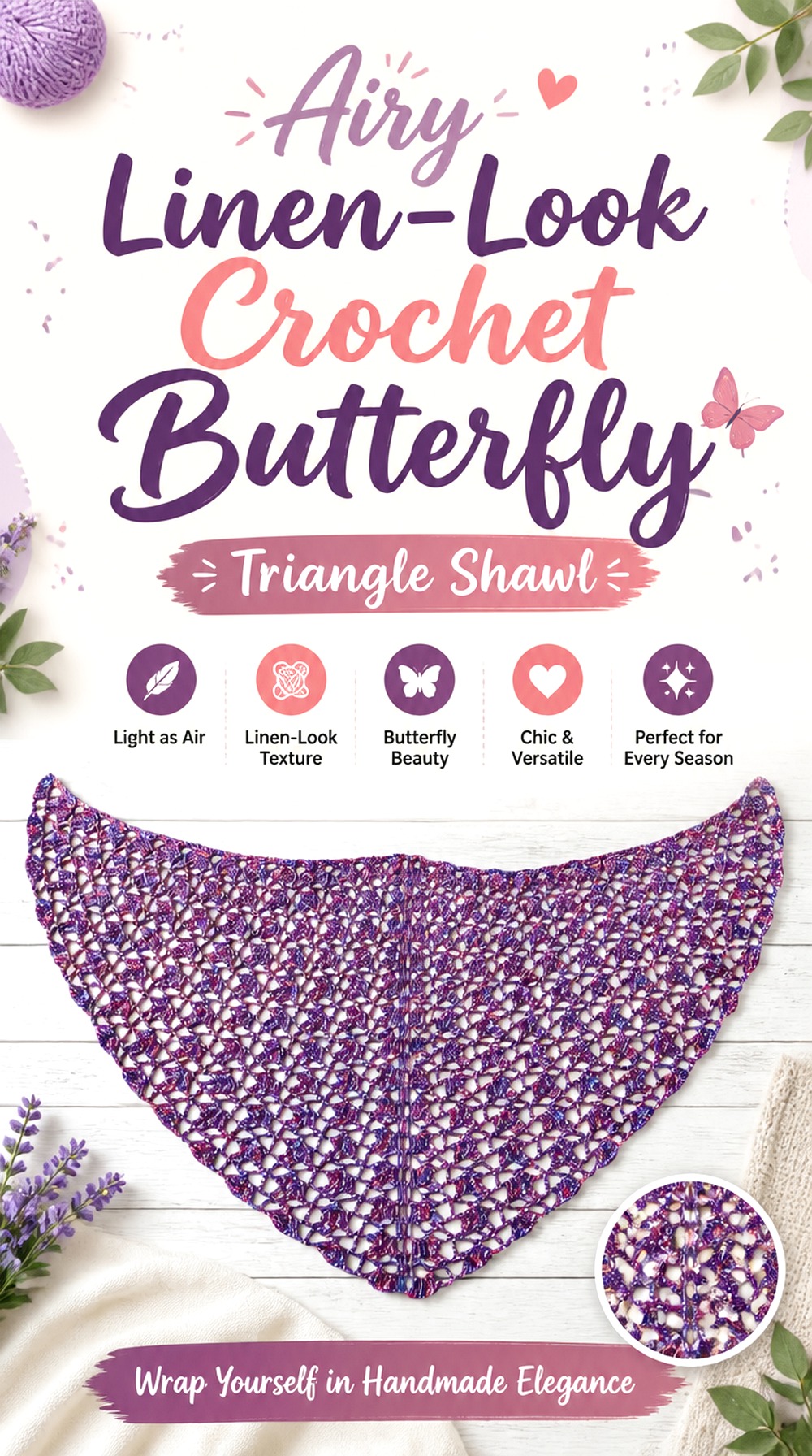 Airy Linen Look Crochet Butterfly Triangle Shawl
