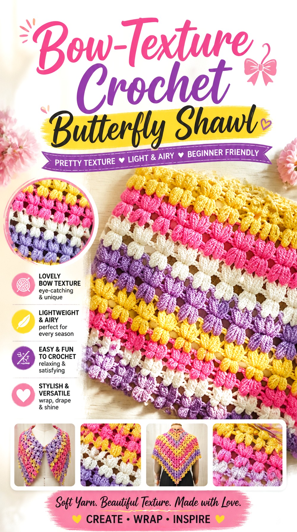 Bow Texture Crochet Butterfly Shawl
