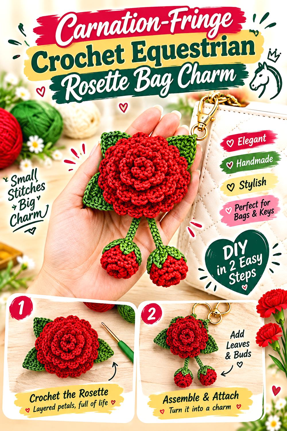 Carnation Fringe Crochet Equestrian Rosette Bag Charm