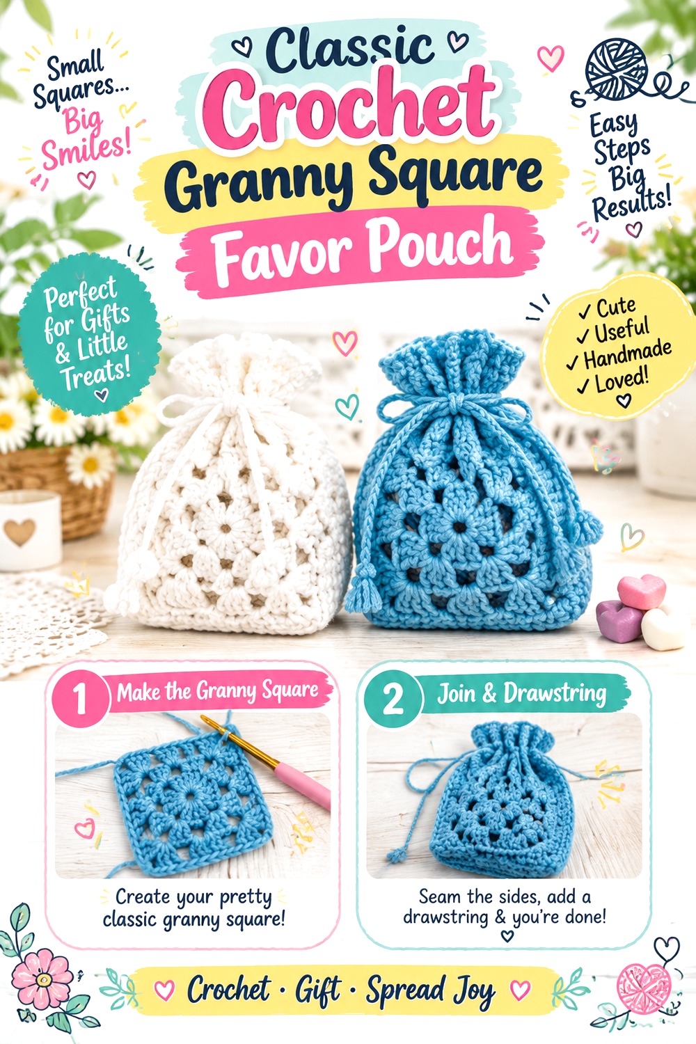 Classic Crochet Granny Square Favor Pouch