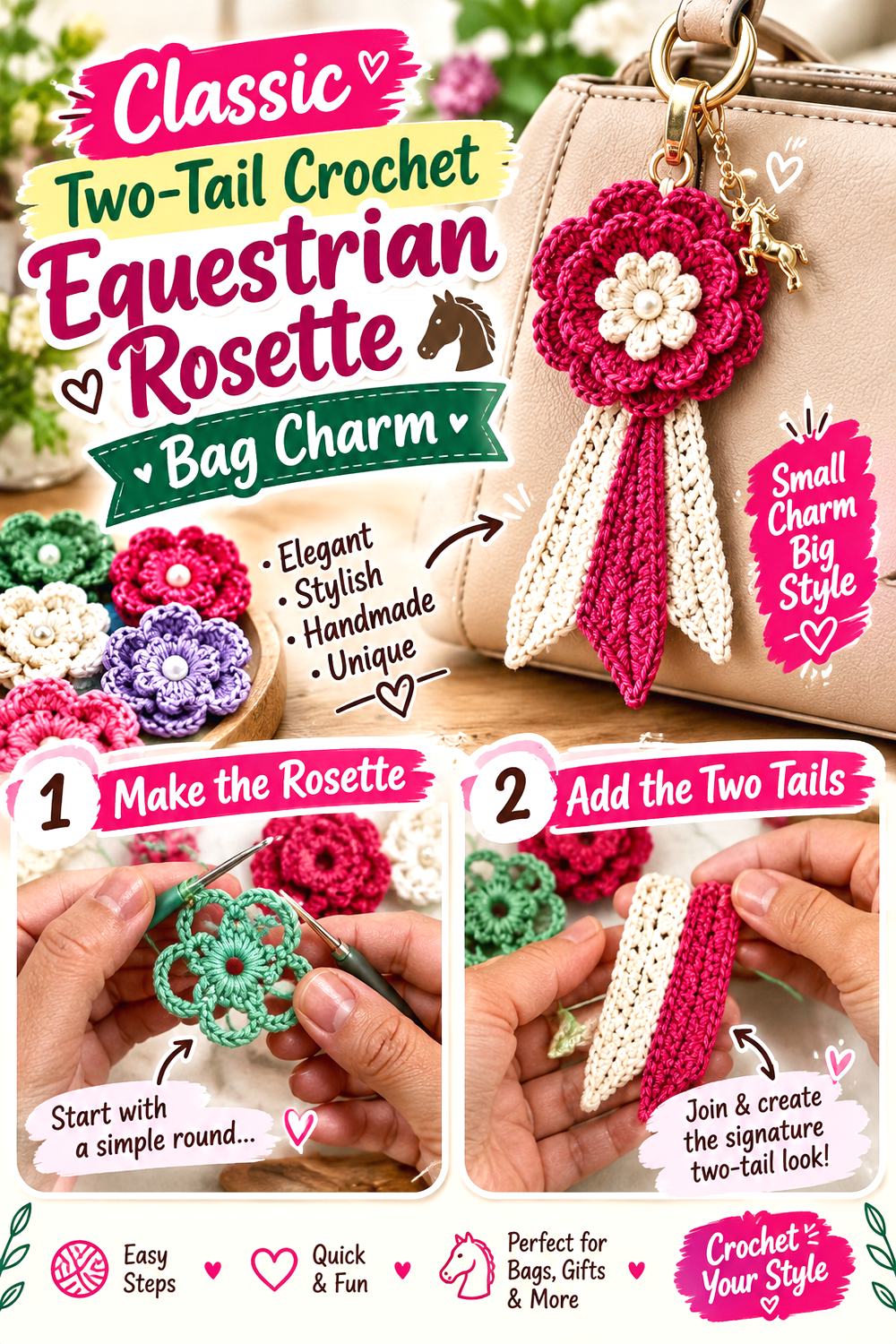 Classic Two Tail Crochet Equestrian Rosette Bag Charm
