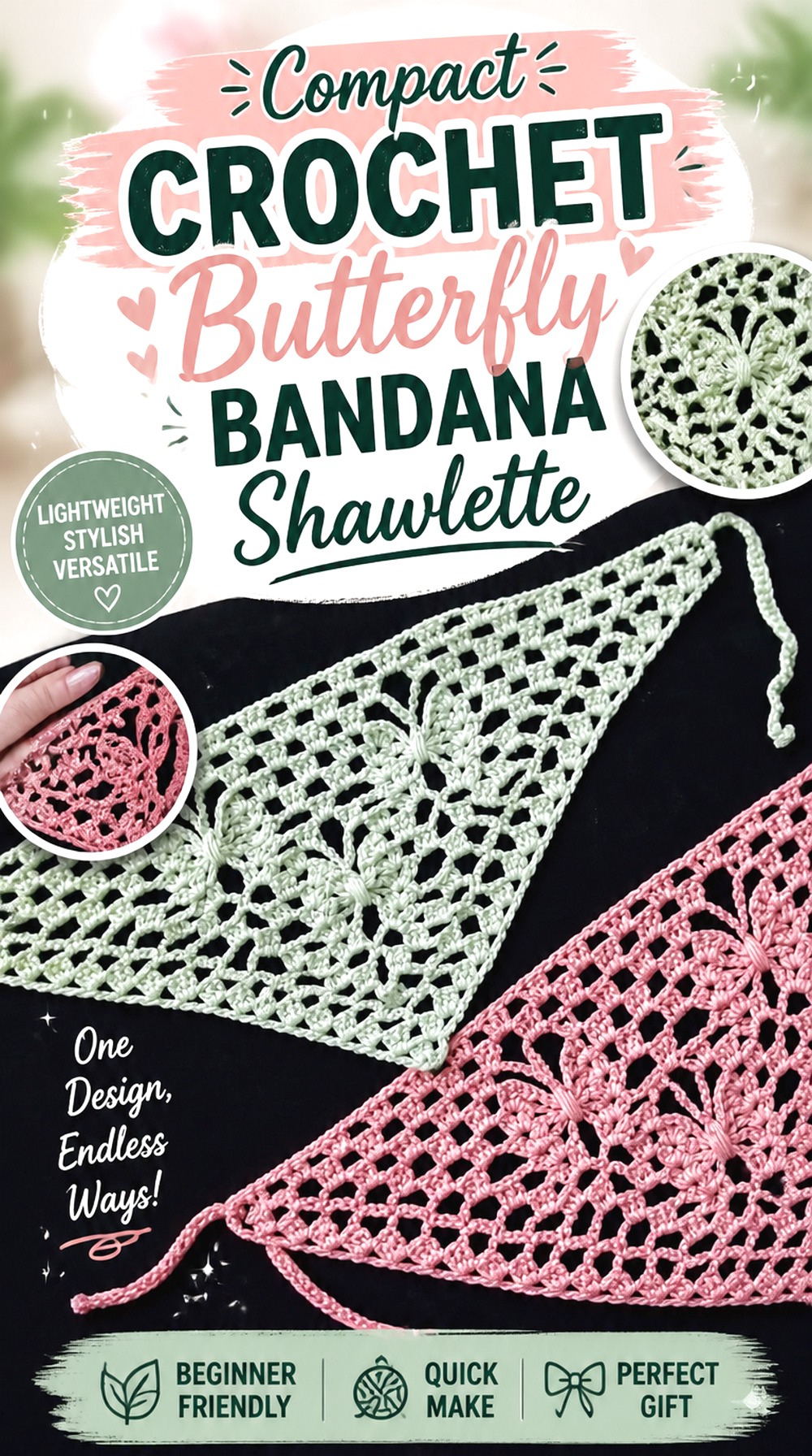 Compact Crochet Butterfly Bandana Shawlette
