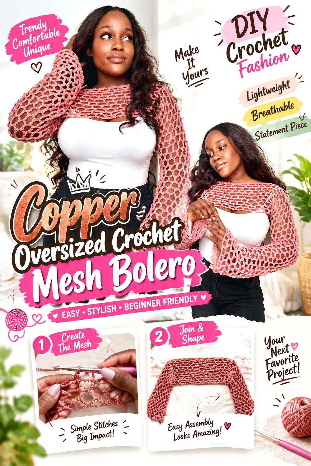 Copper Oversized Crochet Mesh Bolero
