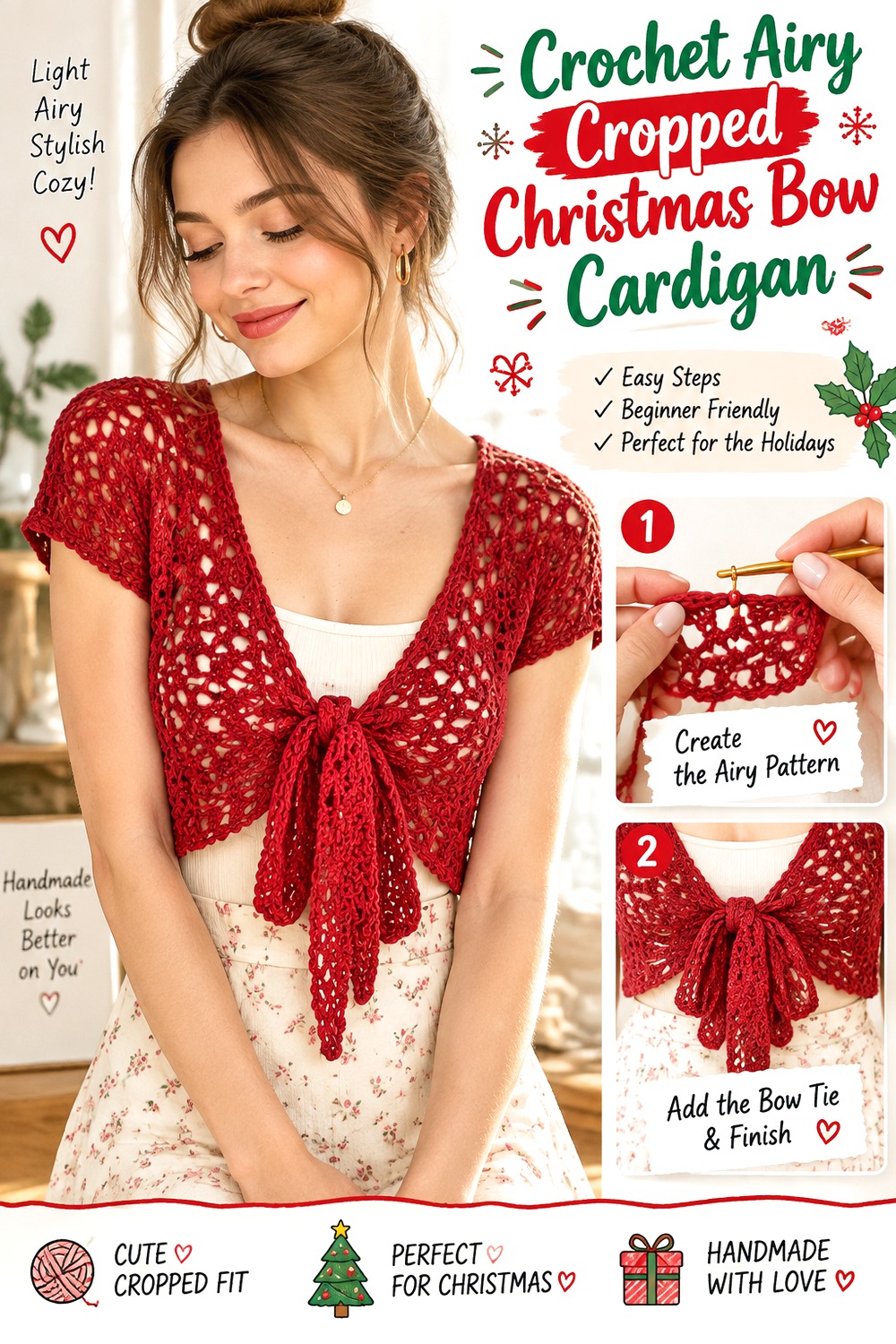 Crochet Airy Cropped Christmas Bow Cardigan