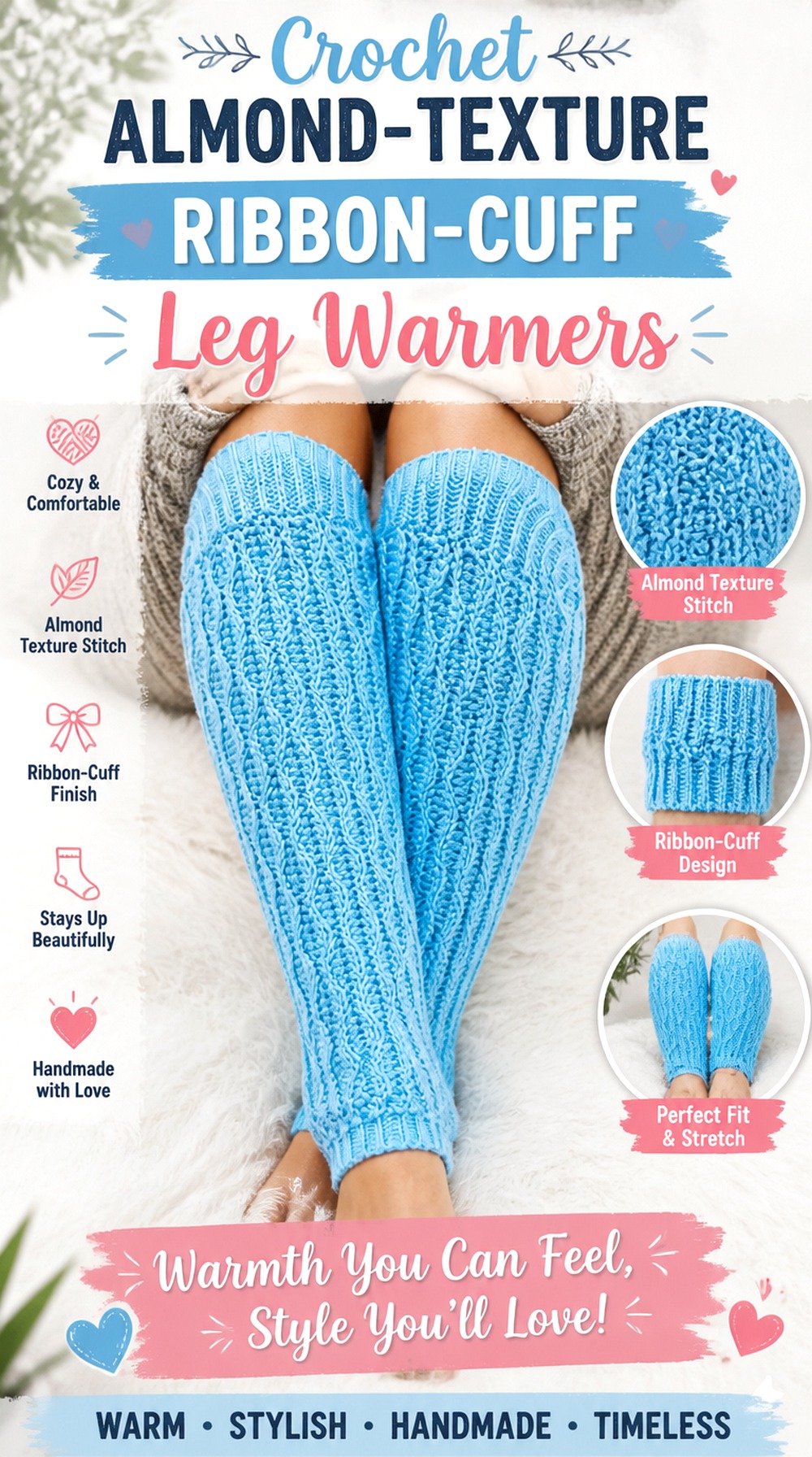 Crochet Almond Texture Ribbon Cuff Leg Warmers