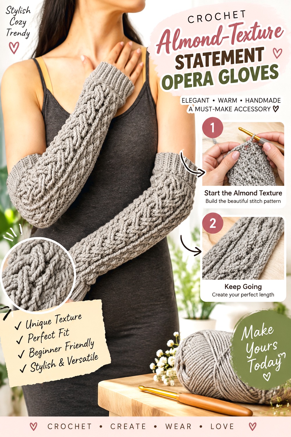 Crochet Almond Texture Statement Opera Gloves