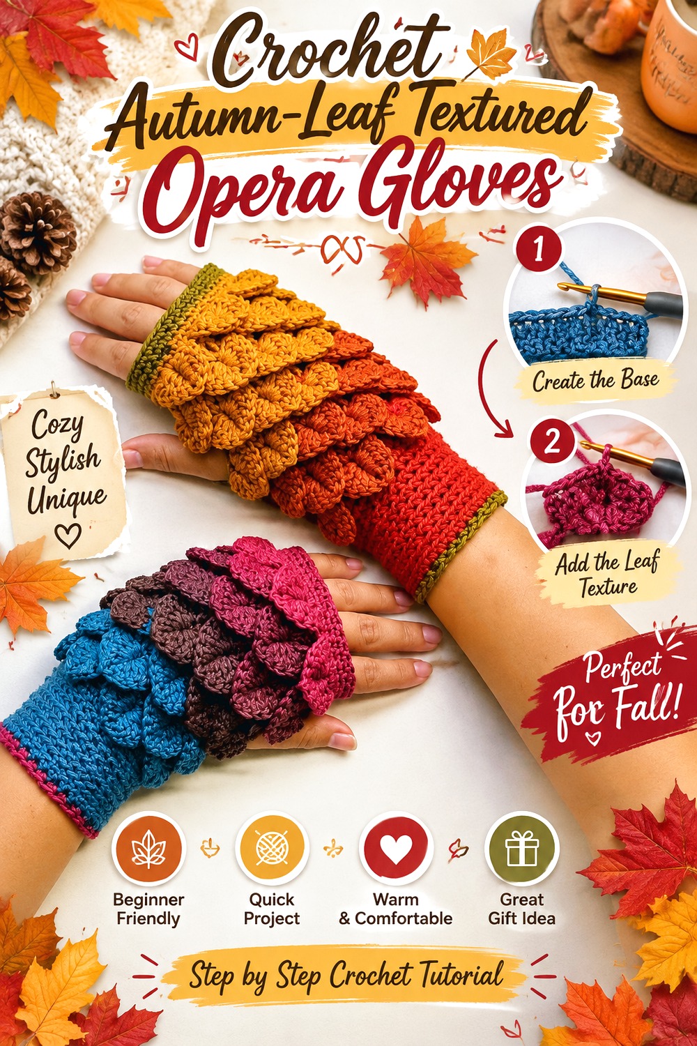 Crochet Autumn Leaf Textured Opera Gloves