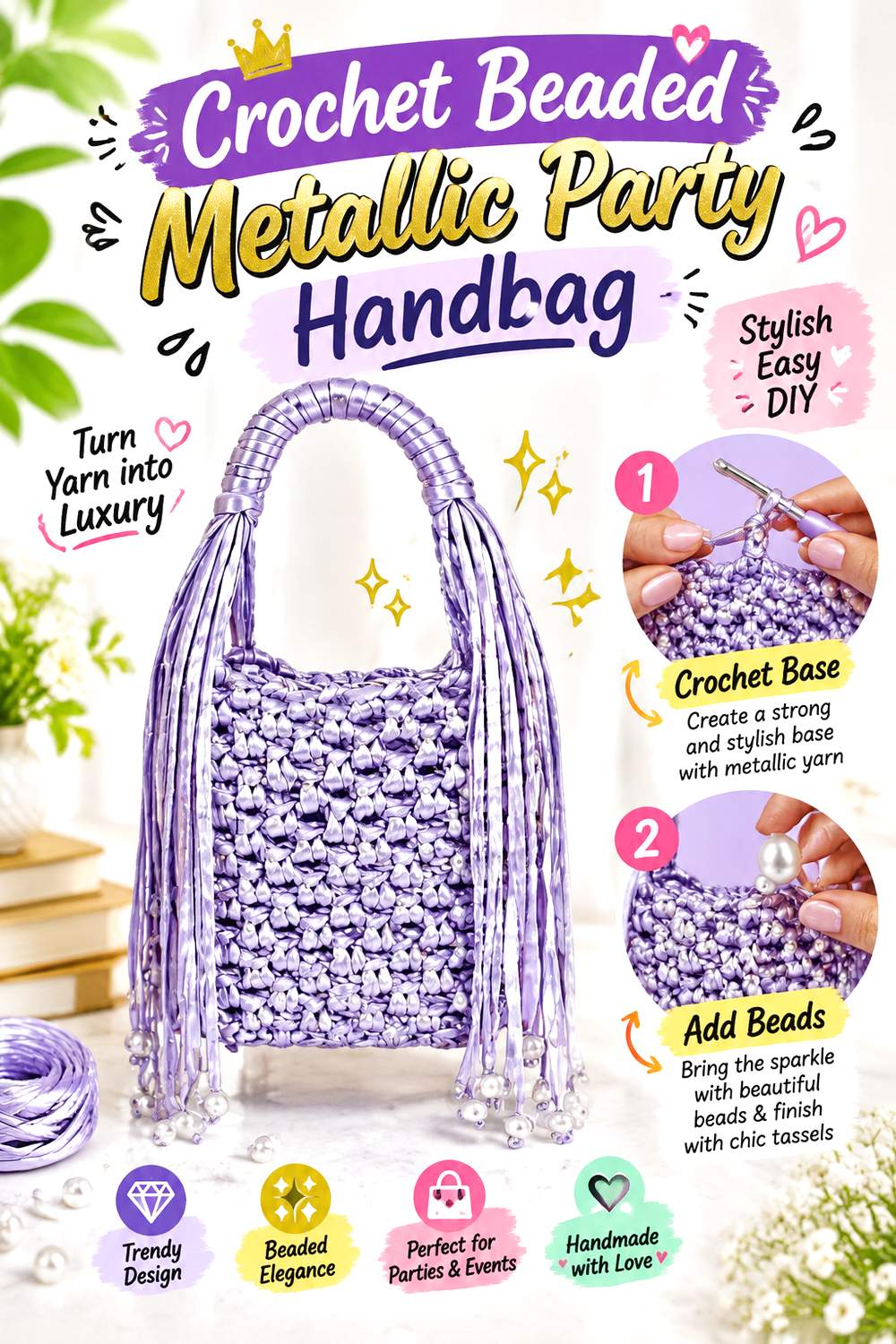 Crochet Beaded Metallic Party Handbag