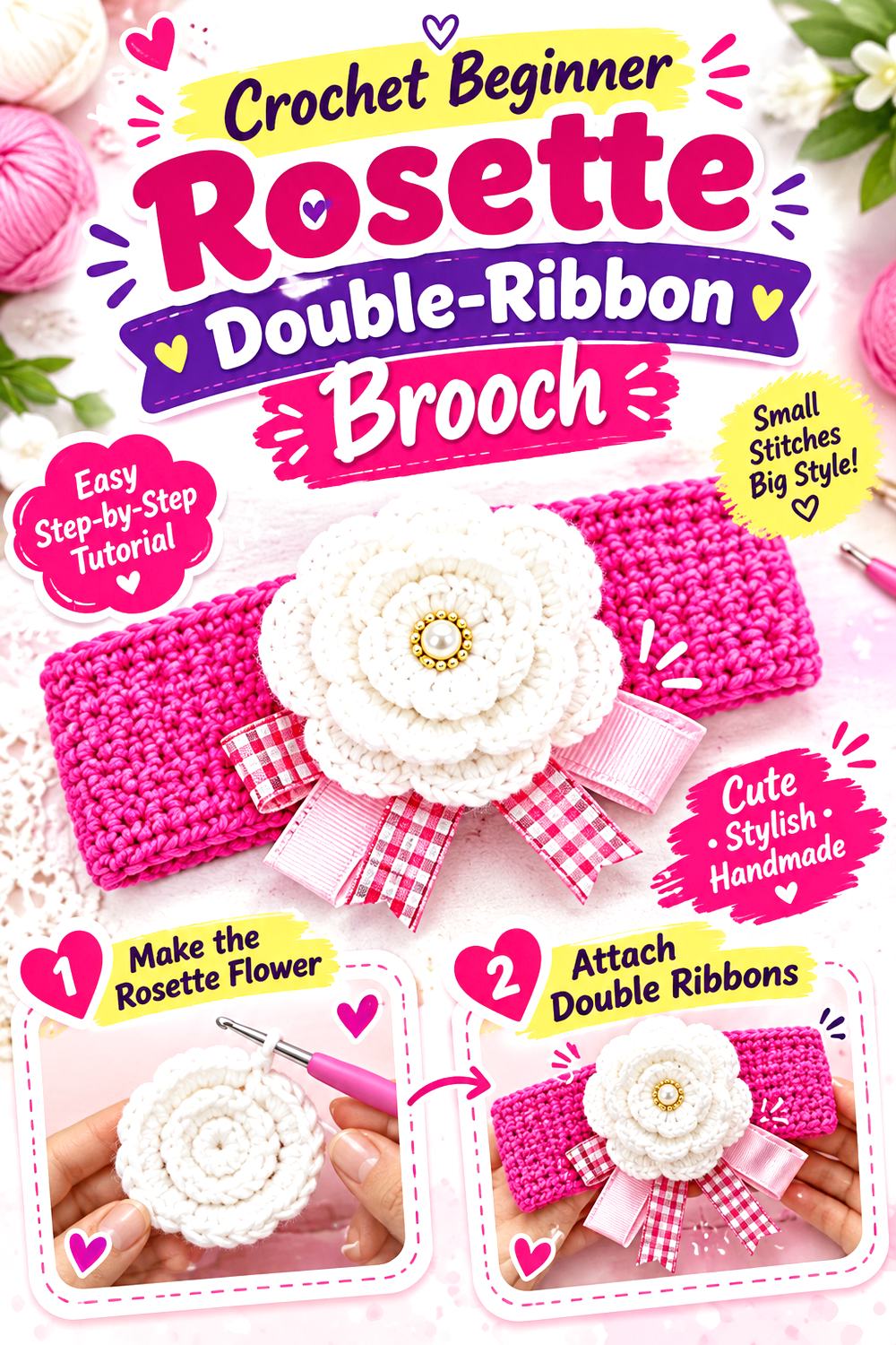 Crochet Beginner Rosette Double Ribbon Brooch