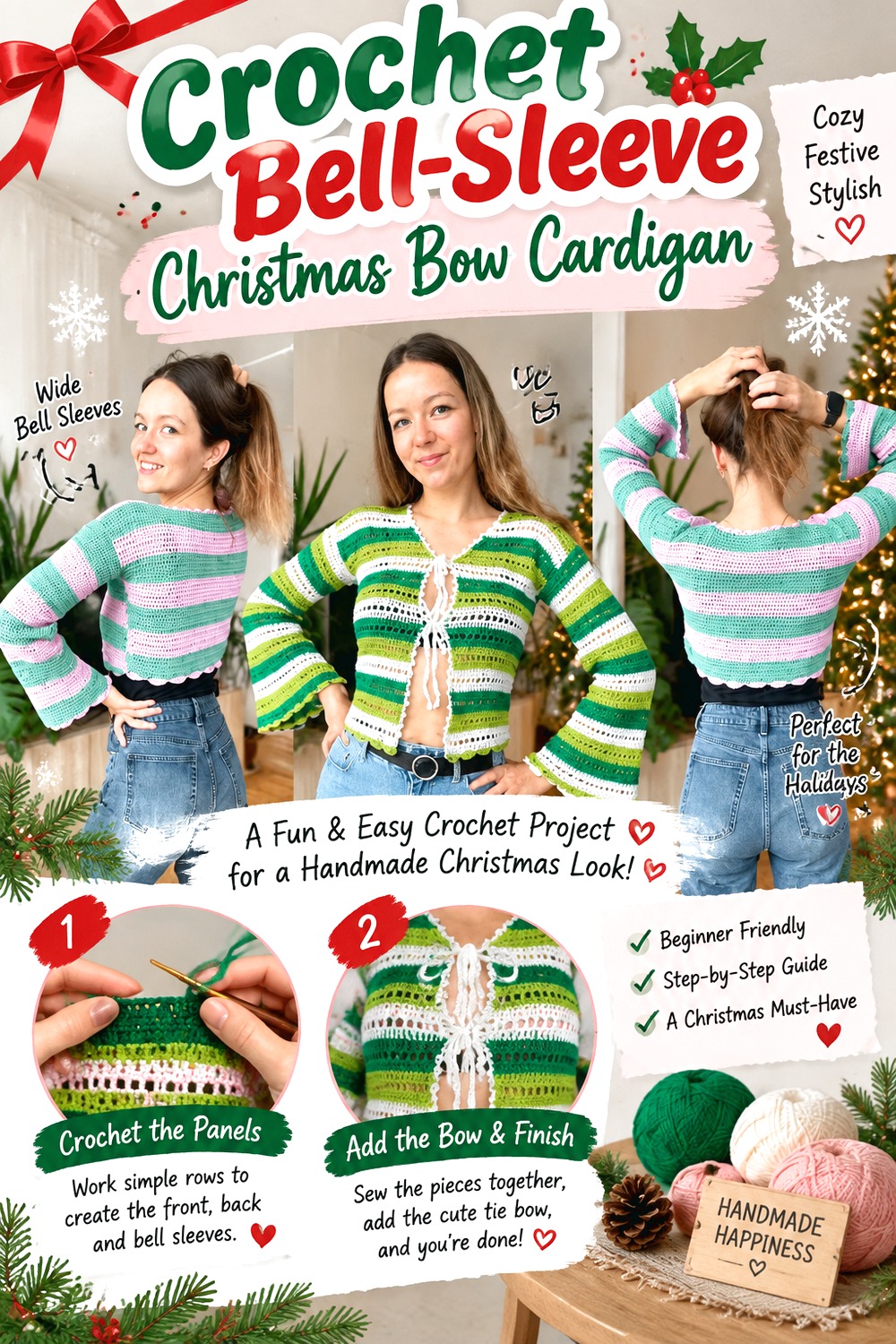Crochet Bell Sleeve Christmas Bow Cardigan
