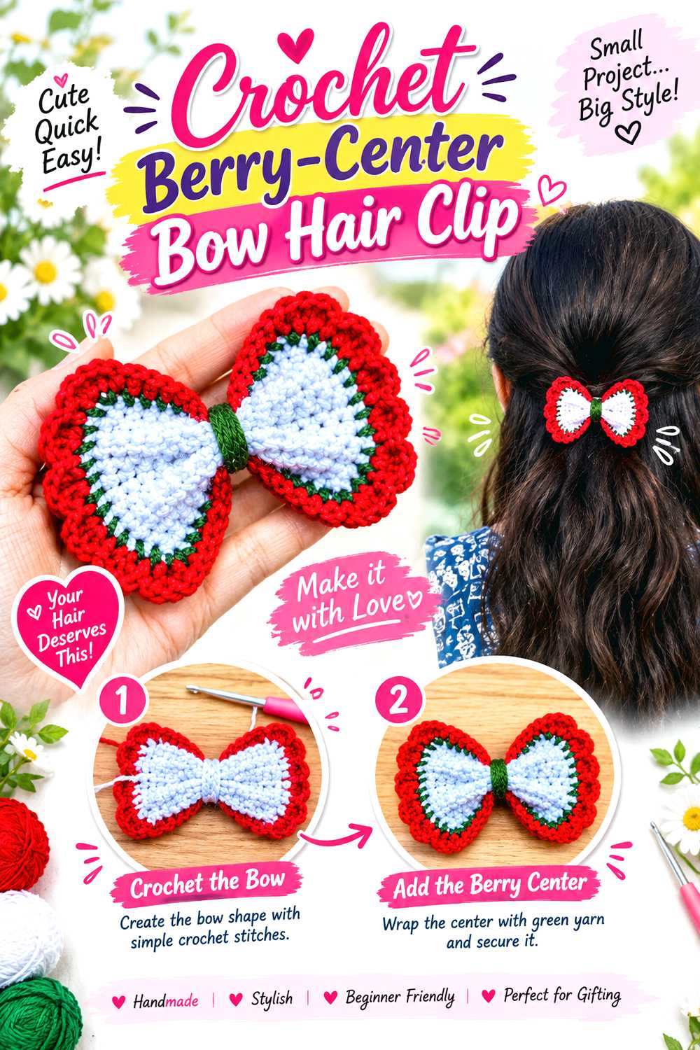 Crochet Berry Center Bow Hair Clip