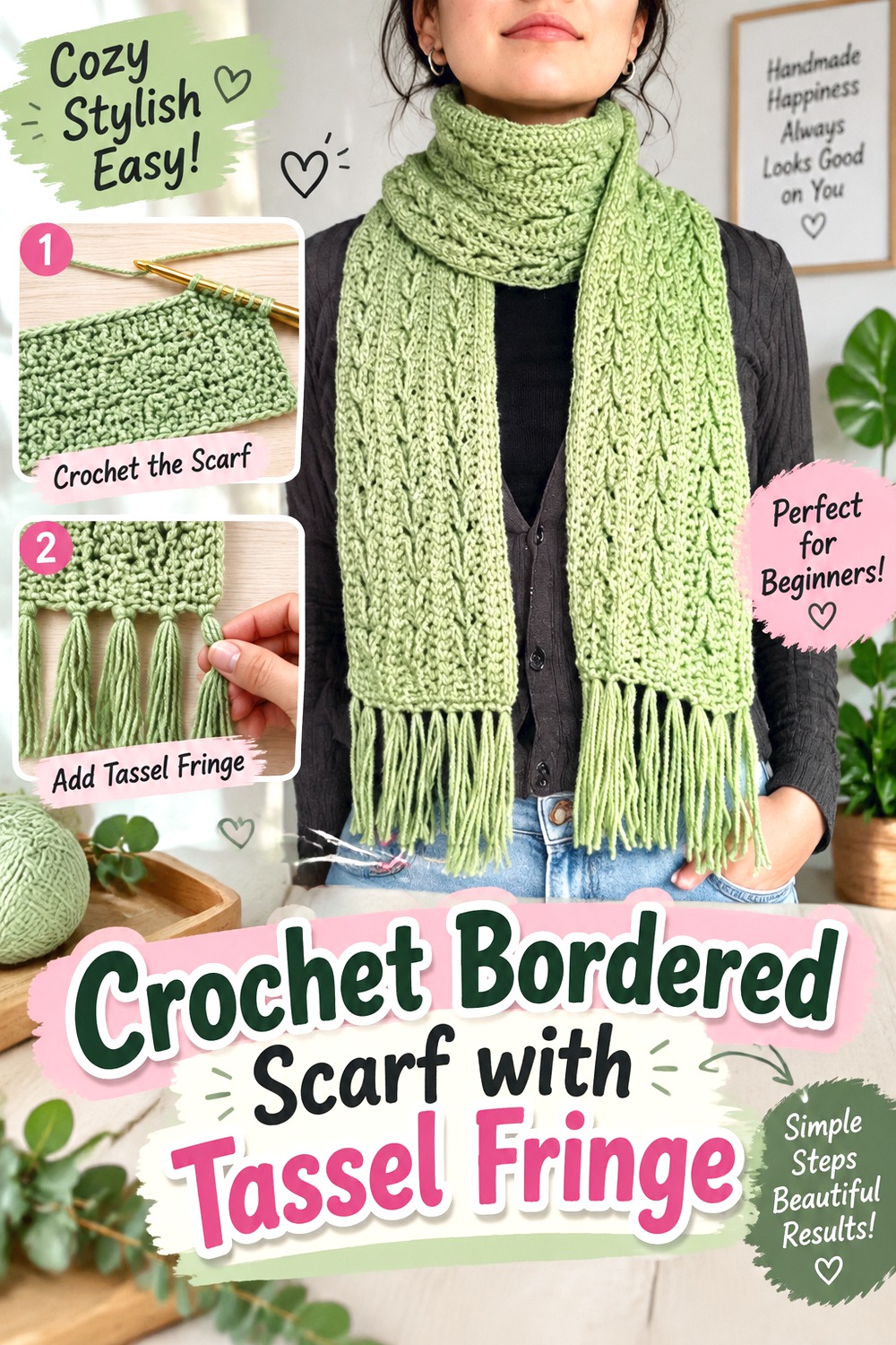 Crochet Bordered Scarf with Tassel Fringe