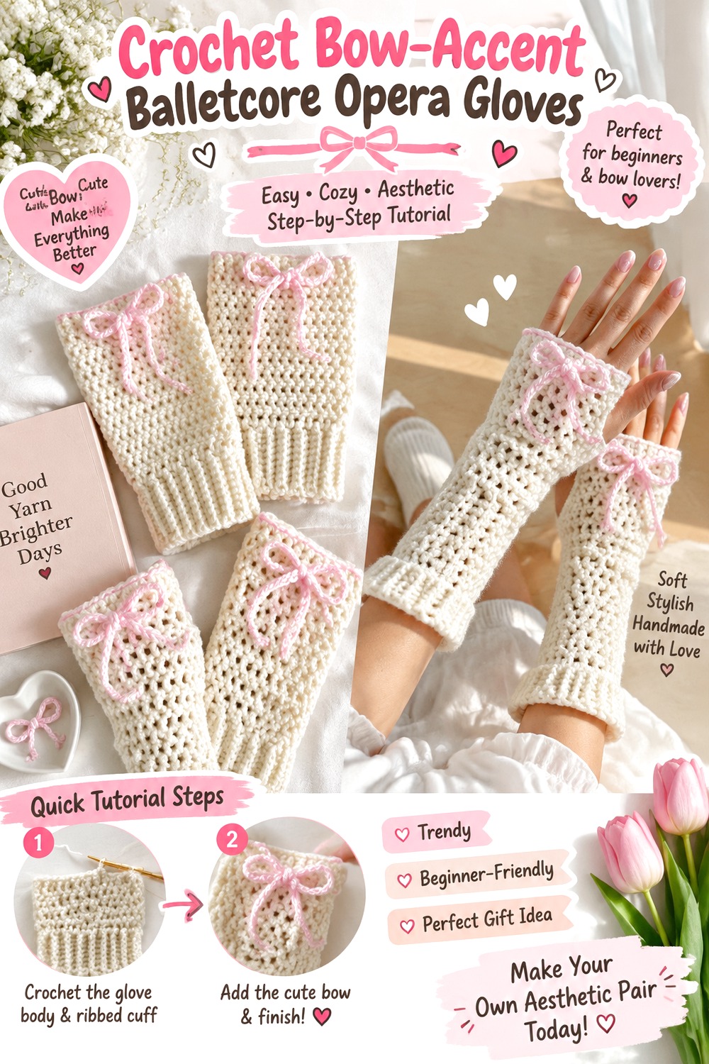 Crochet Bow Accent Balletcore Opera Gloves