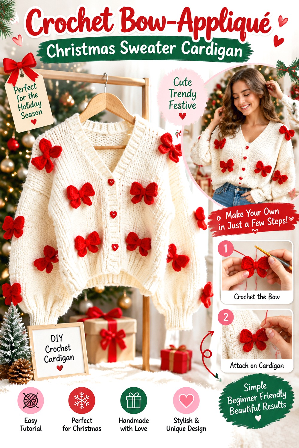Crochet Bow Appliqué Christmas Sweater Cardigan