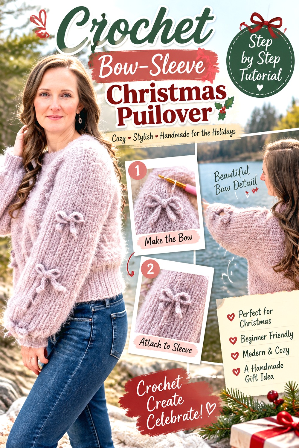 Crochet Bow Sleeve Christmas Pullover
