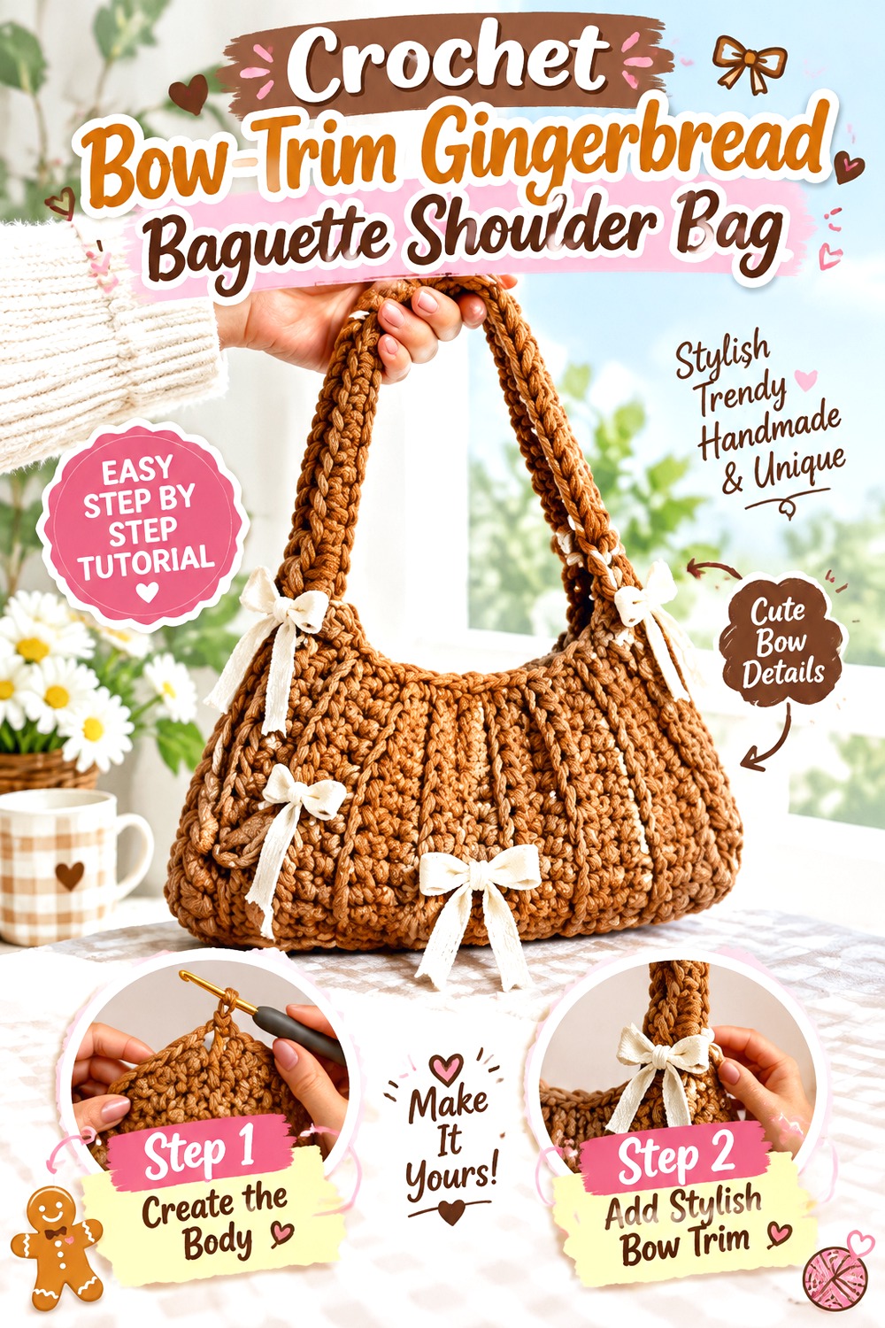 Crochet Bow Trim Gingerbread Baguette Shoulder Bag