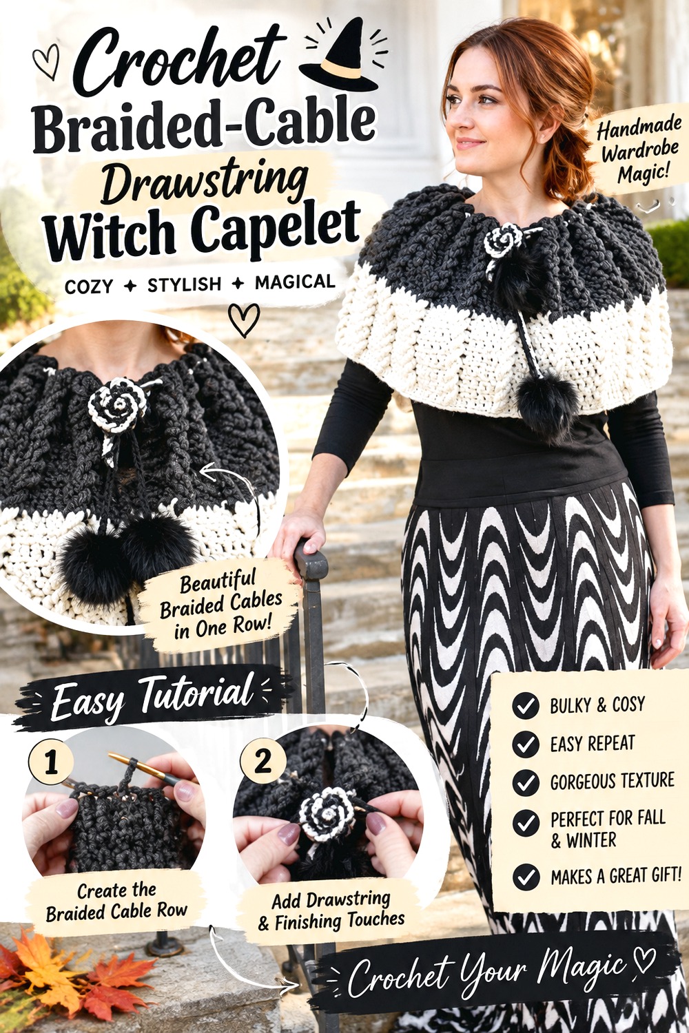 Crochet Braided Cable Drawstring Witch Capelet