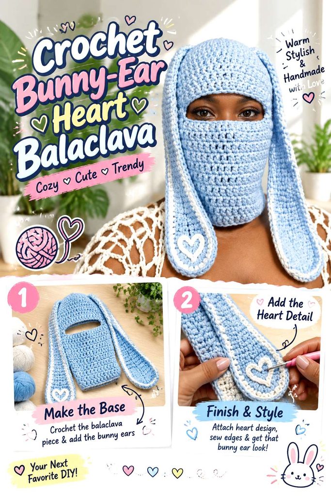 Crochet Bunny Ear Heart Balaclava