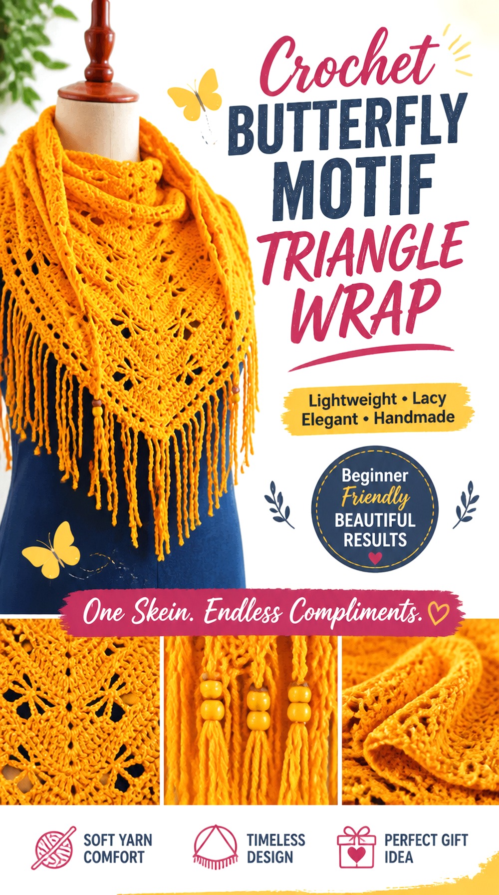 Crochet Butterfly Motif Triangle Wrap
