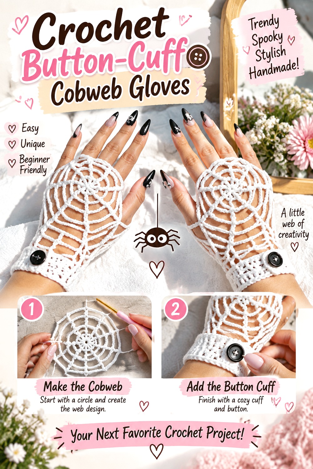 Crochet Button Cuff Cobweb Gloves