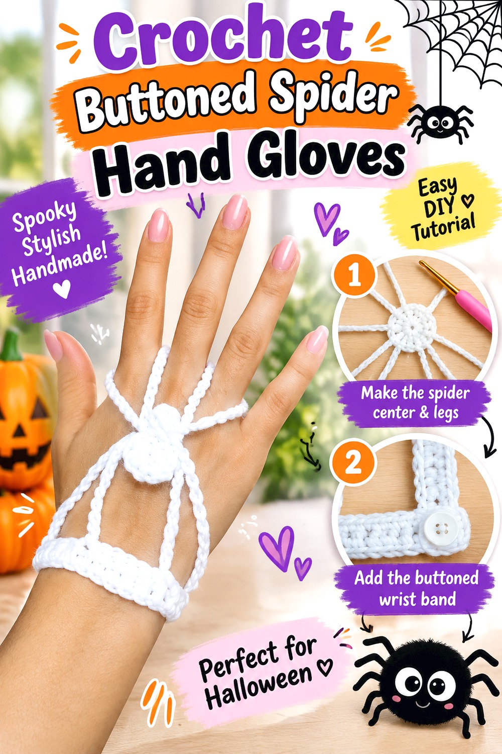 Crochet Buttoned Spider Hand Gloves
