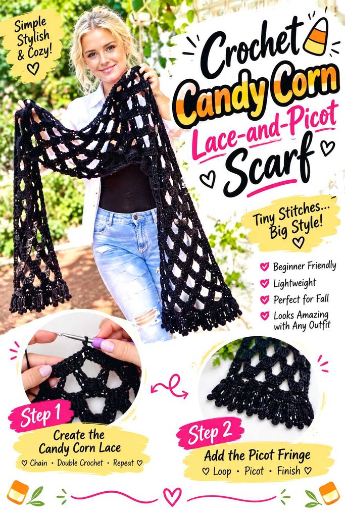 Crochet Candy Corn Lace and Picot Scarf