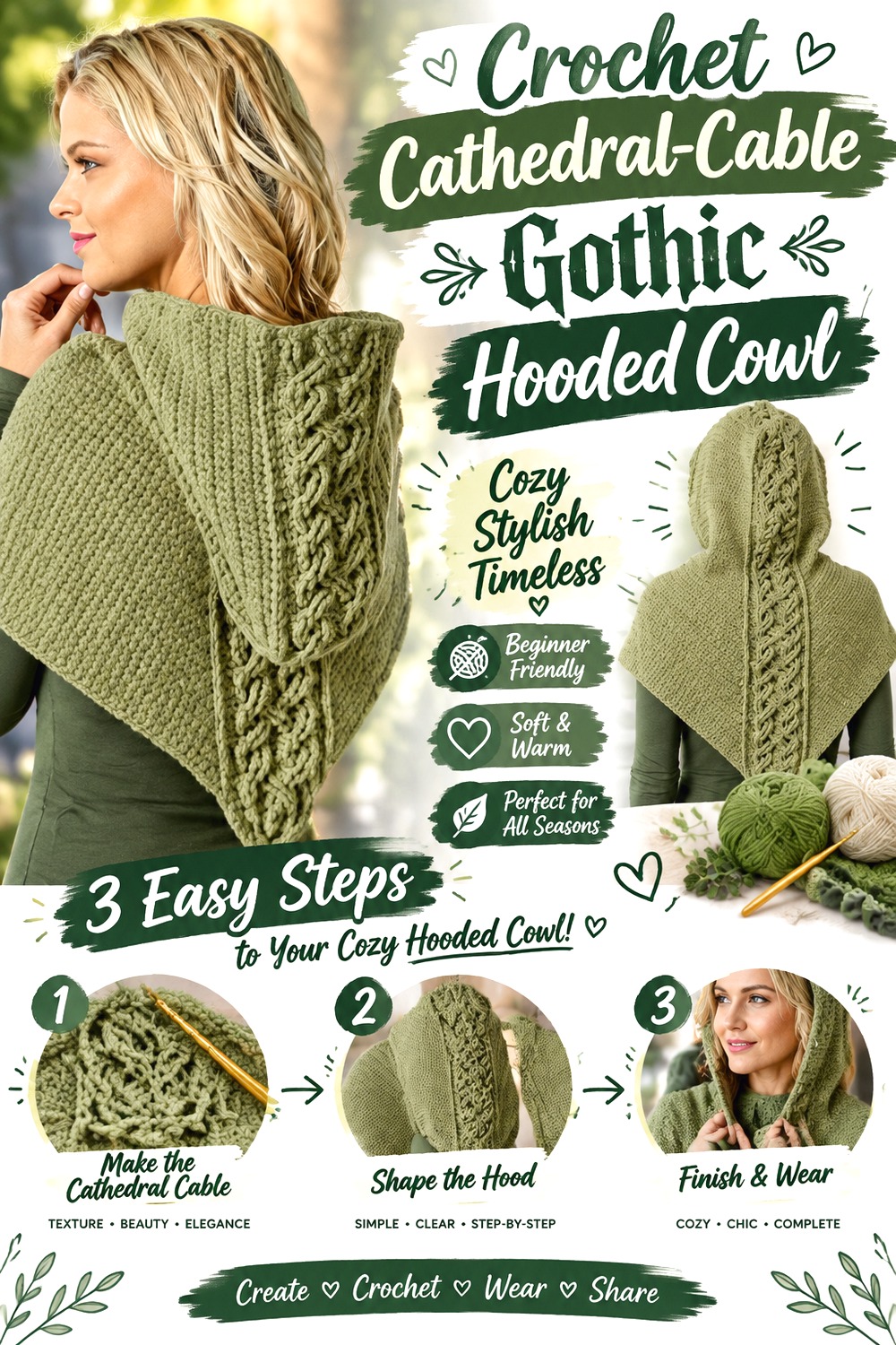 Crochet Cathedral Cable Gothic Hooded Cowl