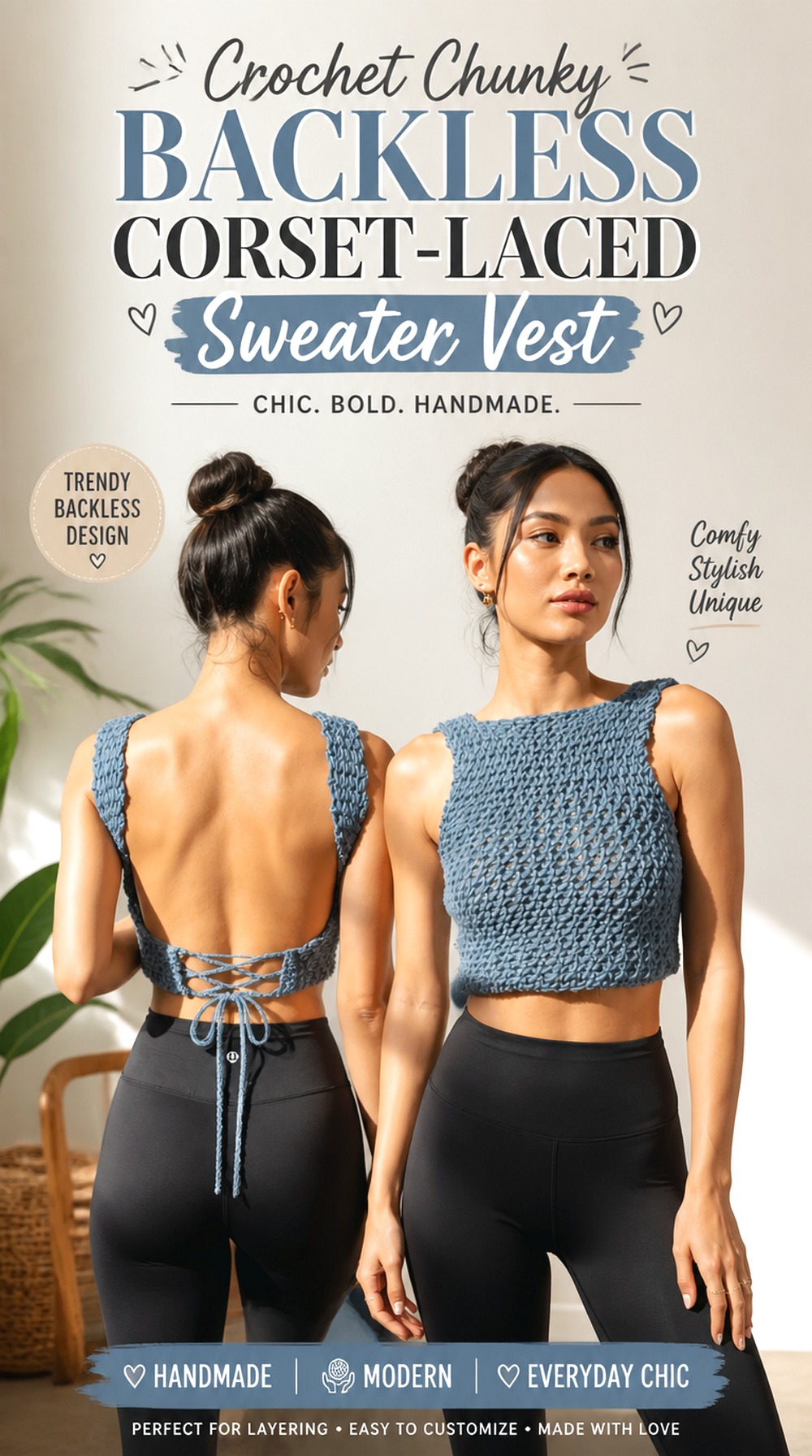 Crochet Chunky Backless Corset Laced Sweater Vest