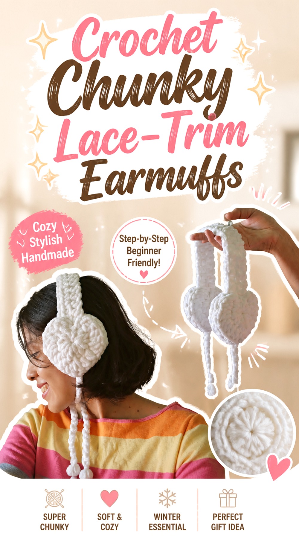 Crochet Chunky Lace Trim Earmuffs