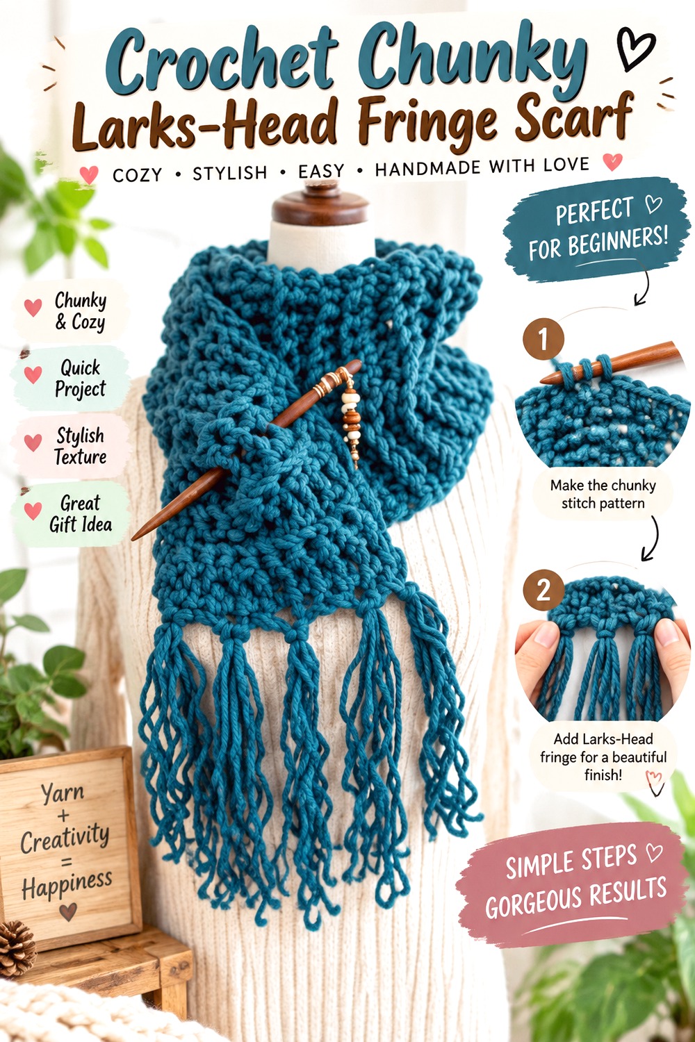 Crochet Chunky Larks Head Fringe Scarf