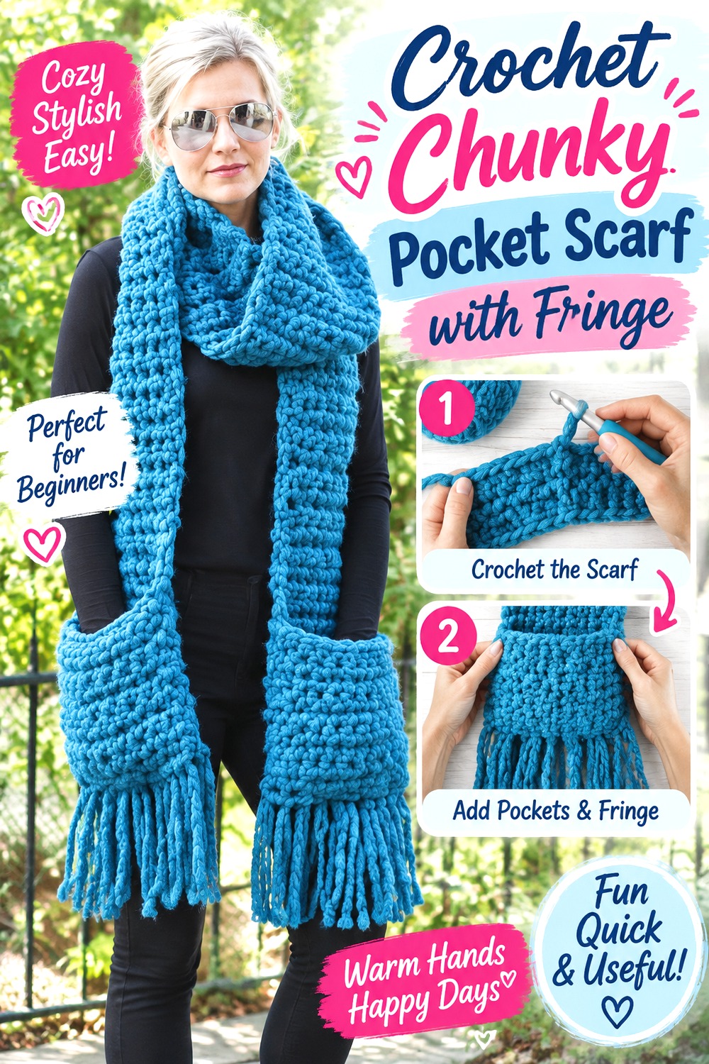 Crochet Chunky Pocket Scarf with Fringe
