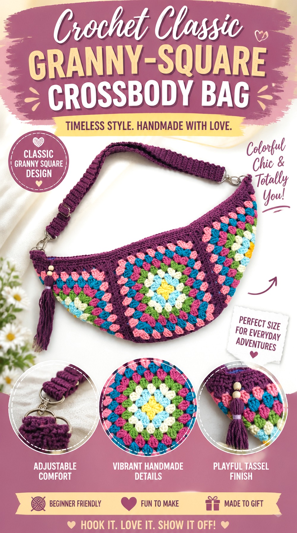Crochet Classic Granny Square Crossbody Bag