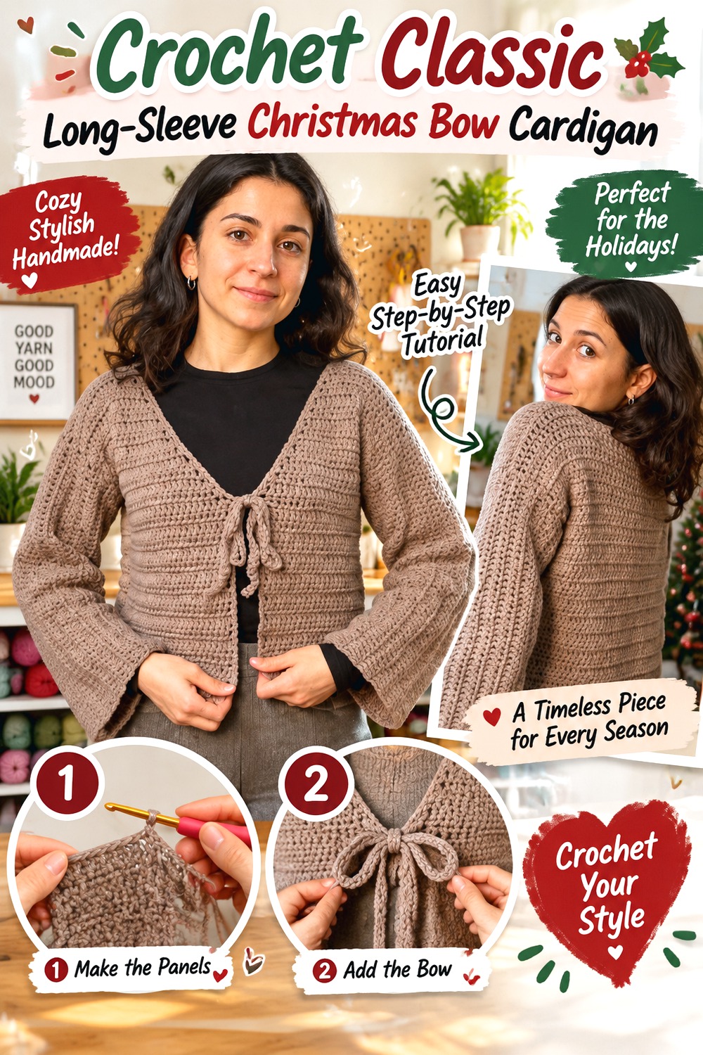 Crochet Classic Long Sleeve Christmas Bow Cardigan