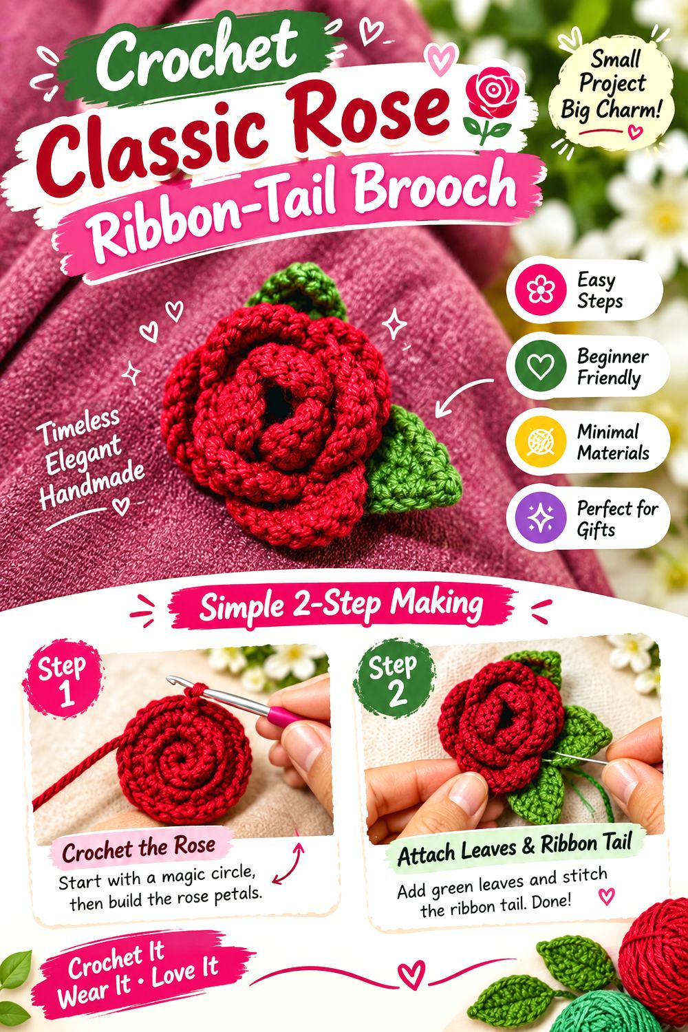 Crochet Classic Rose Ribbon Tail Brooch