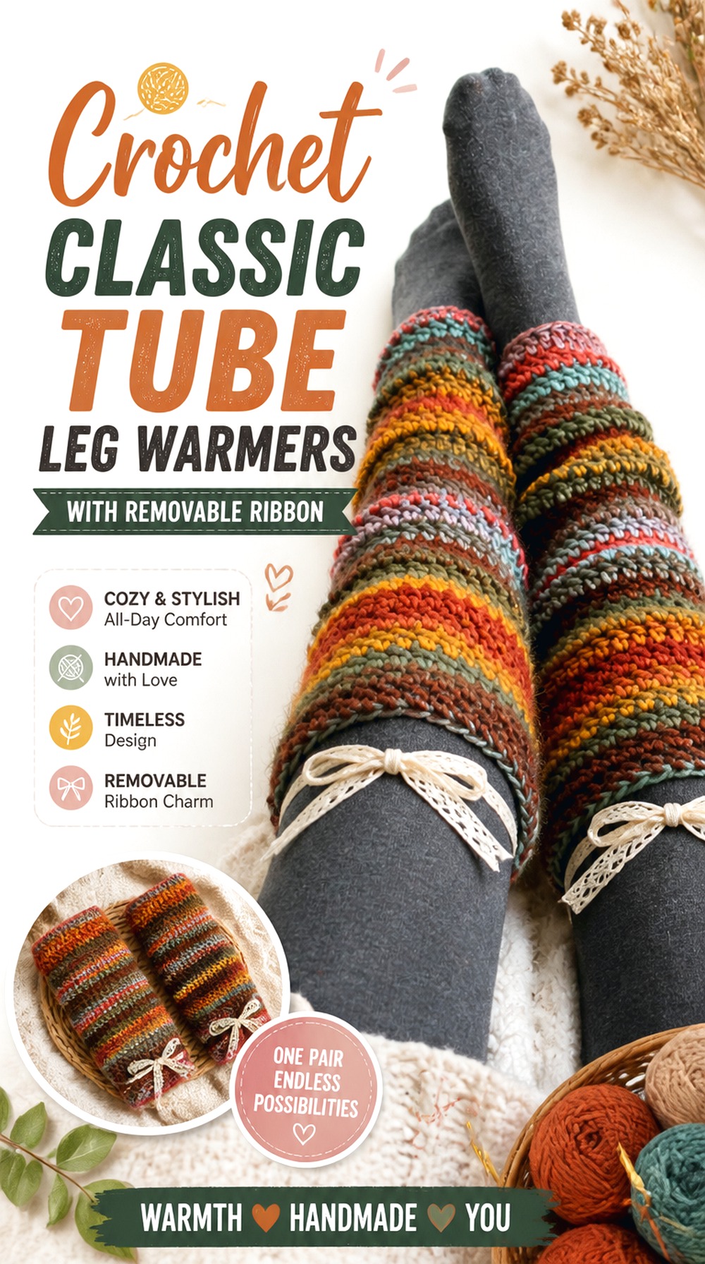 Crochet Classic Tube Leg Warmers with Removable Ribbon