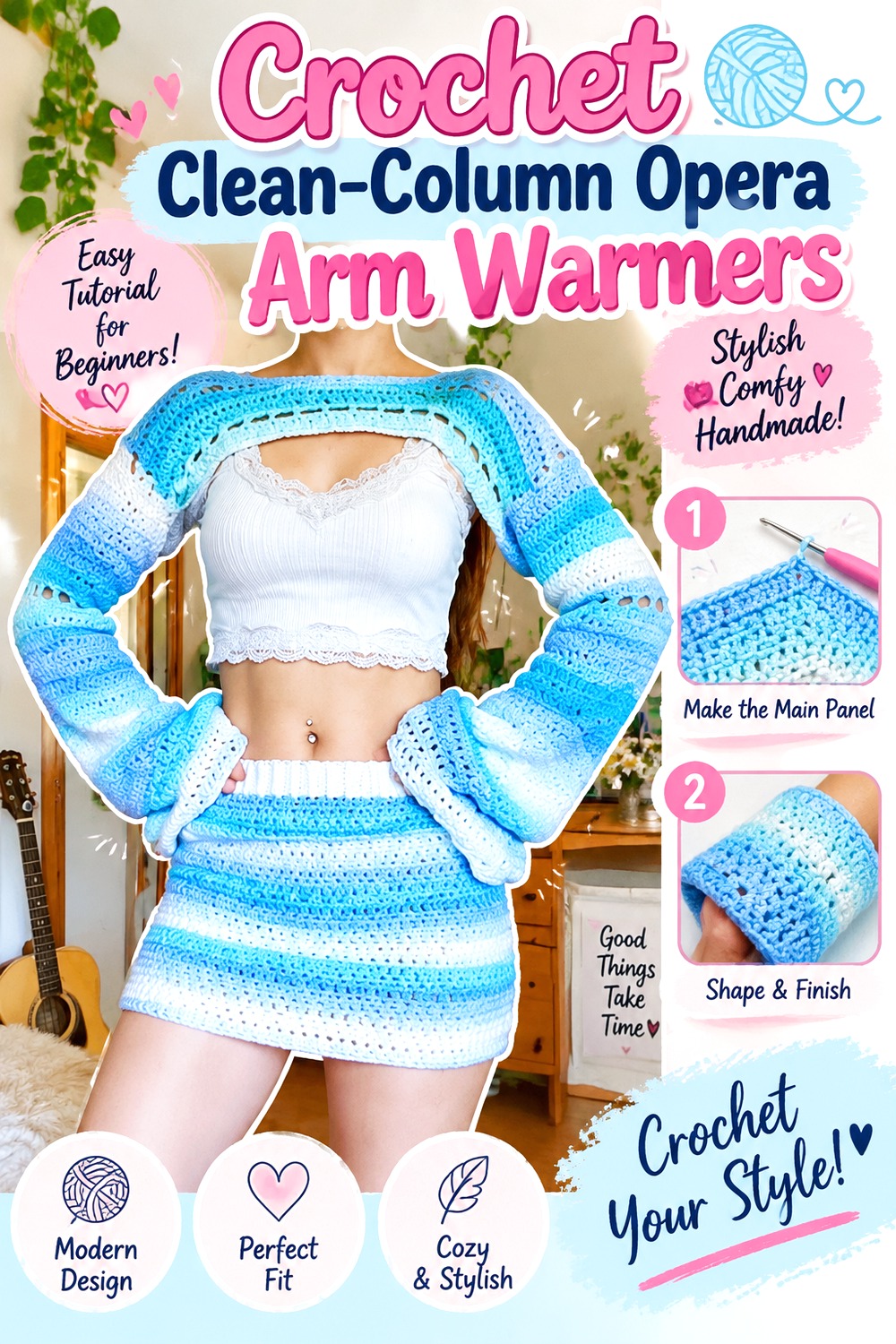 Crochet Clean Column Opera Arm Warmers