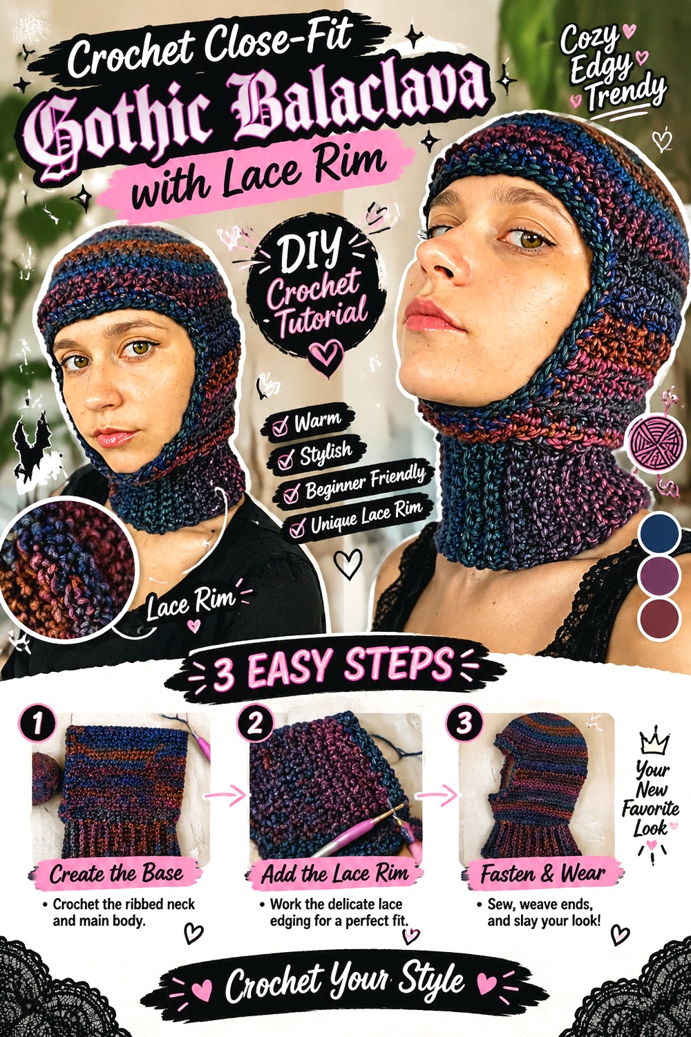 Crochet Close Fit Gothic Balaclava with Lace Rim
