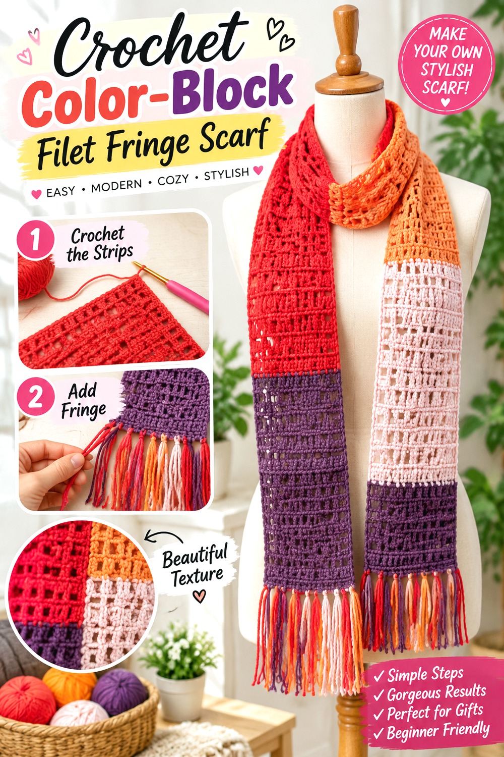 Crochet Color Block Filet Fringe Scarf