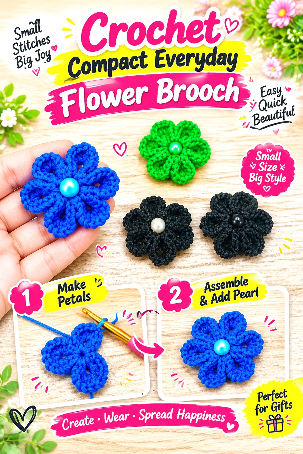 Crochet Compact Everyday Flower Brooch