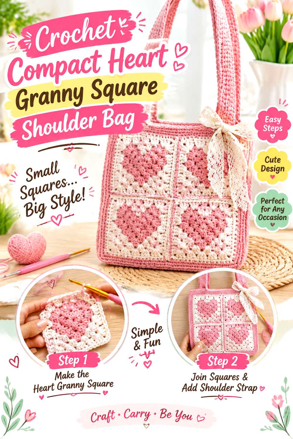 Crochet Compact Heart Granny Square Shoulder Bag