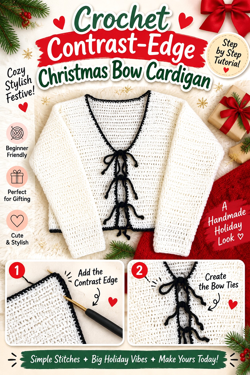 Crochet Contrast Edge Christmas Bow Cardigan