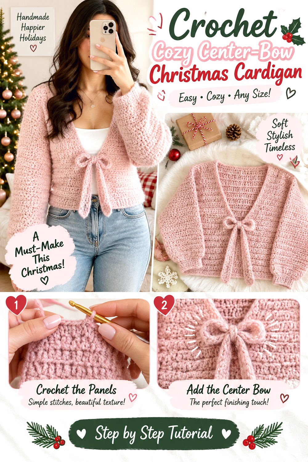 Crochet Cozy Center Bow Christmas Cardigan