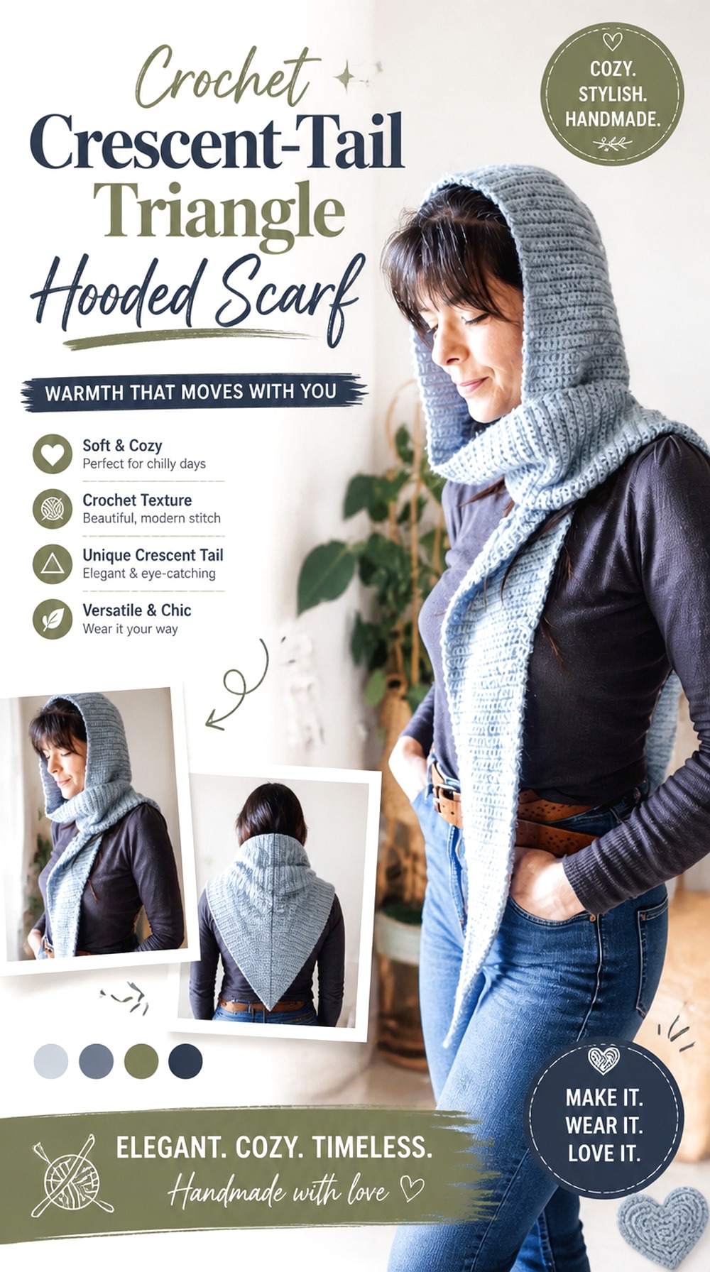 Crochet Crescent Tail Triangle Hooded Scarf