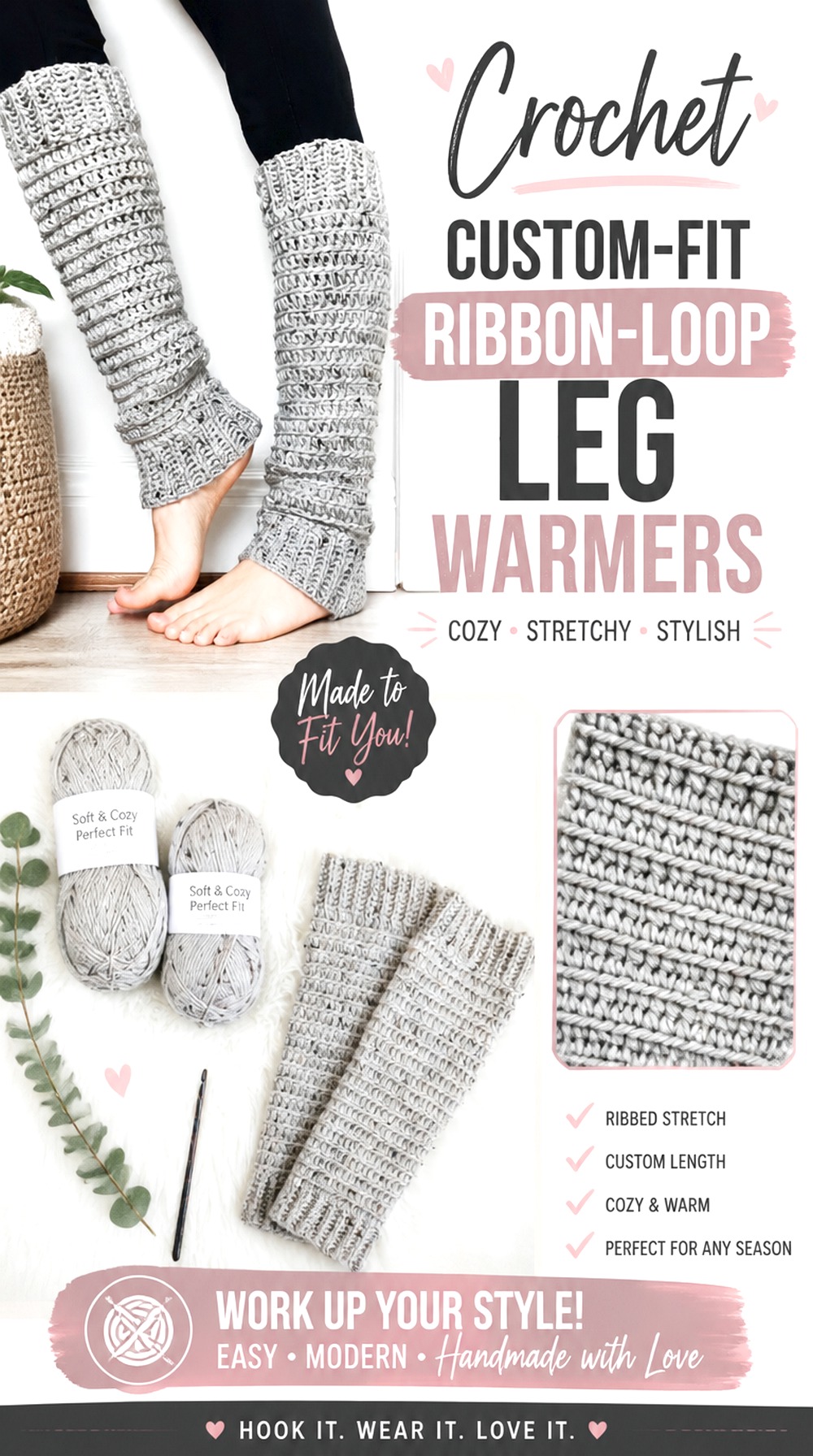 Crochet Custom Fit Ribbon Loop Leg Warmers