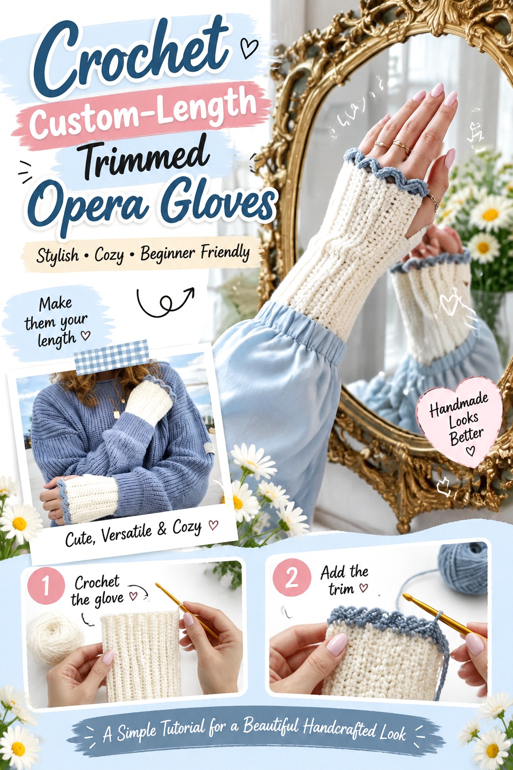 Crochet Custom Length Trimmed Opera Gloves