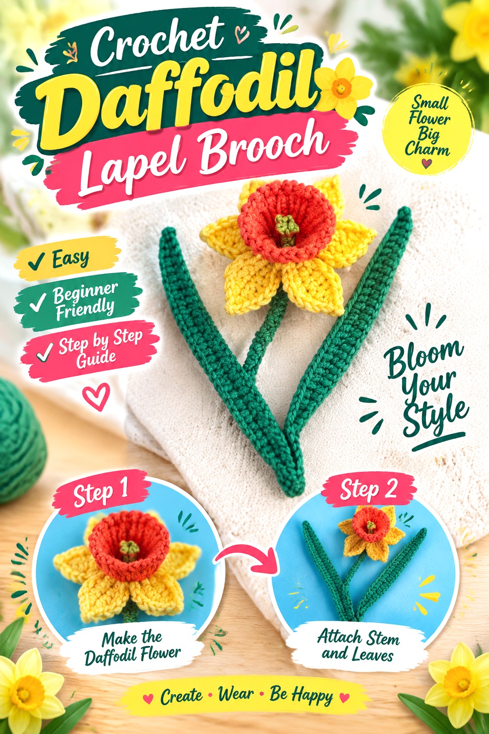 Crochet Daffodil Lapel Brooch