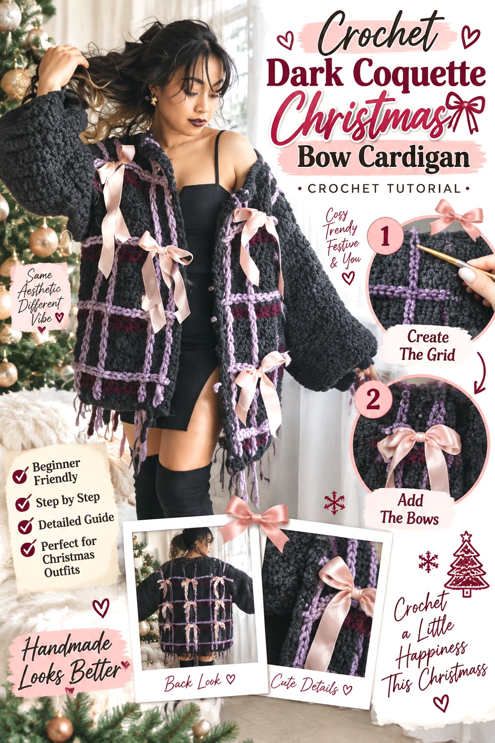 Crochet Dark Coquette Christmas Bow Cardigan