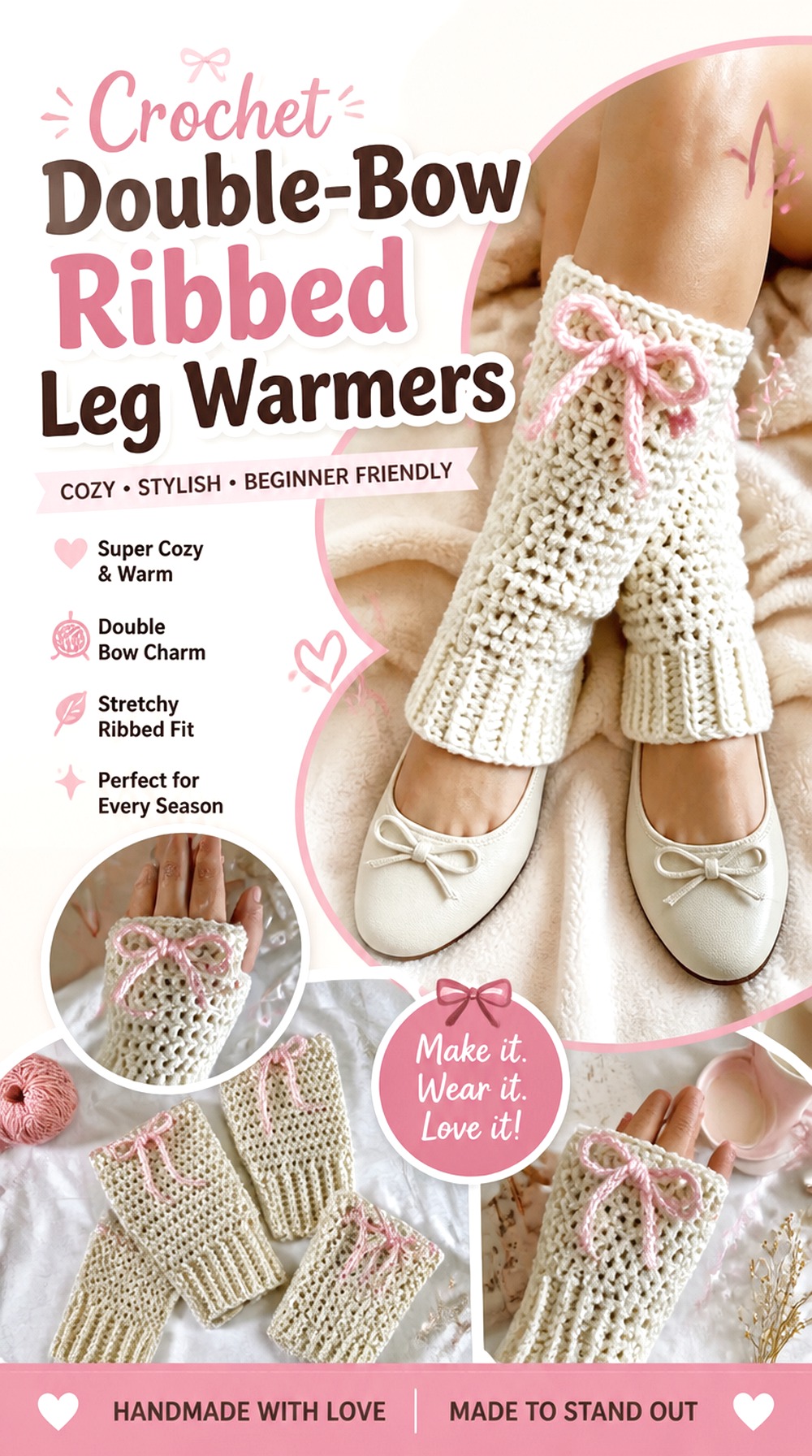 Crochet Double Bow Ribbed Leg Warmers