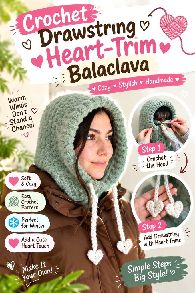Crochet Drawstring Heart Trim Balaclava