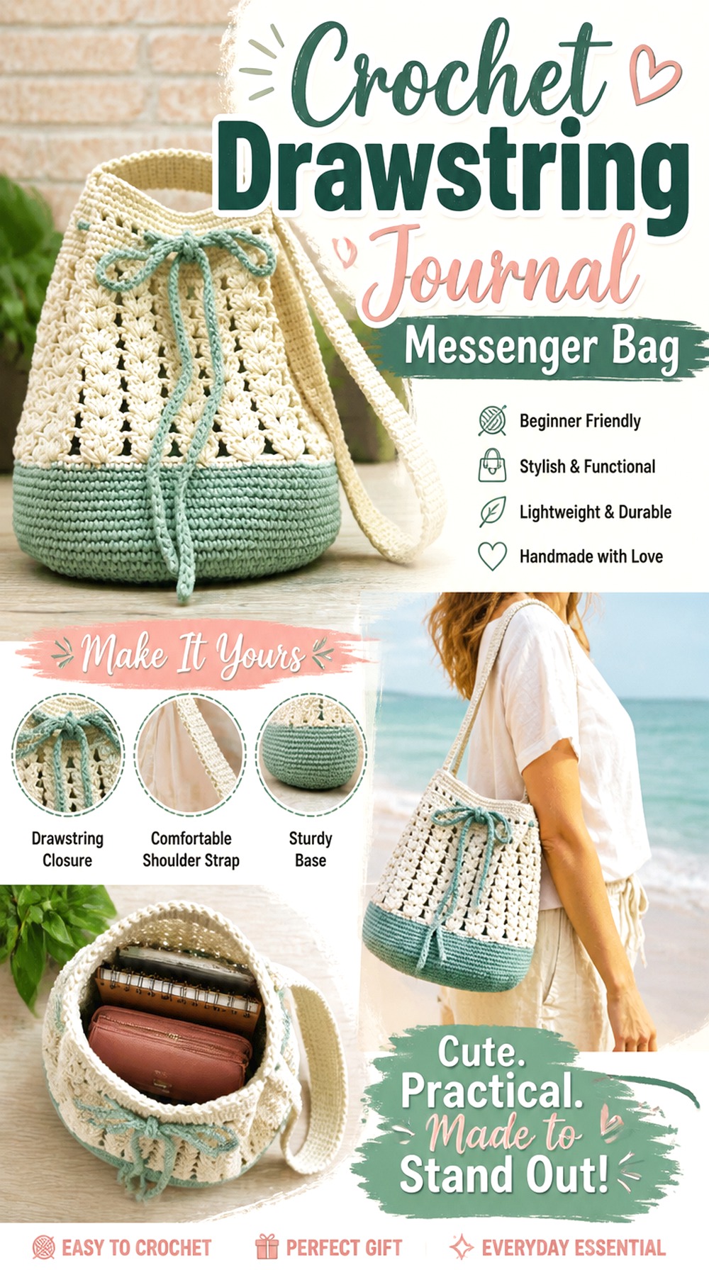 Crochet Drawstring Journal Messenger Bag